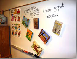 Magnetic Boards with books being held up by just one Pushpin Magnet.